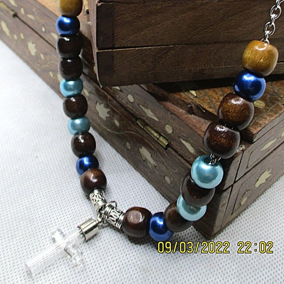 Viking Cremation Ash Cross Pendant Multicolor Beaded Chain Necklace - Picture 2 of 10